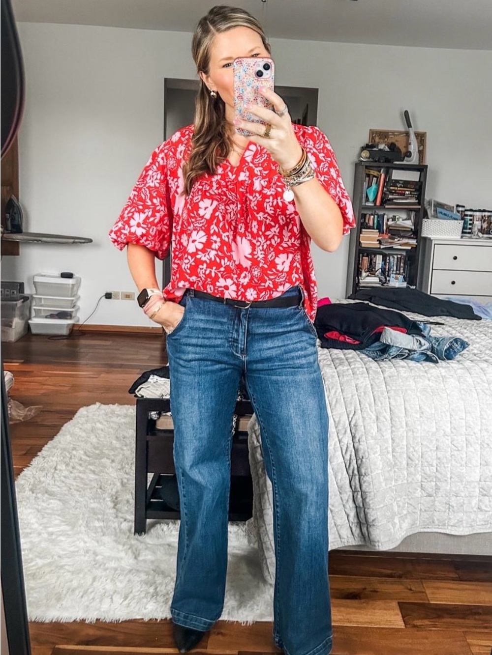 THML Red Floral V-Neck Short Sleeve Blouse